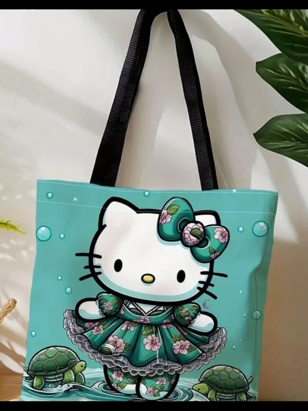 Cute Aqua Cat Print Tote Bag with Black Handles